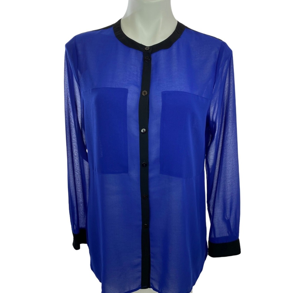 Sanctuary Cobalt Blue Sheer Blouse size M Black Trim Long Sleeves Button Front